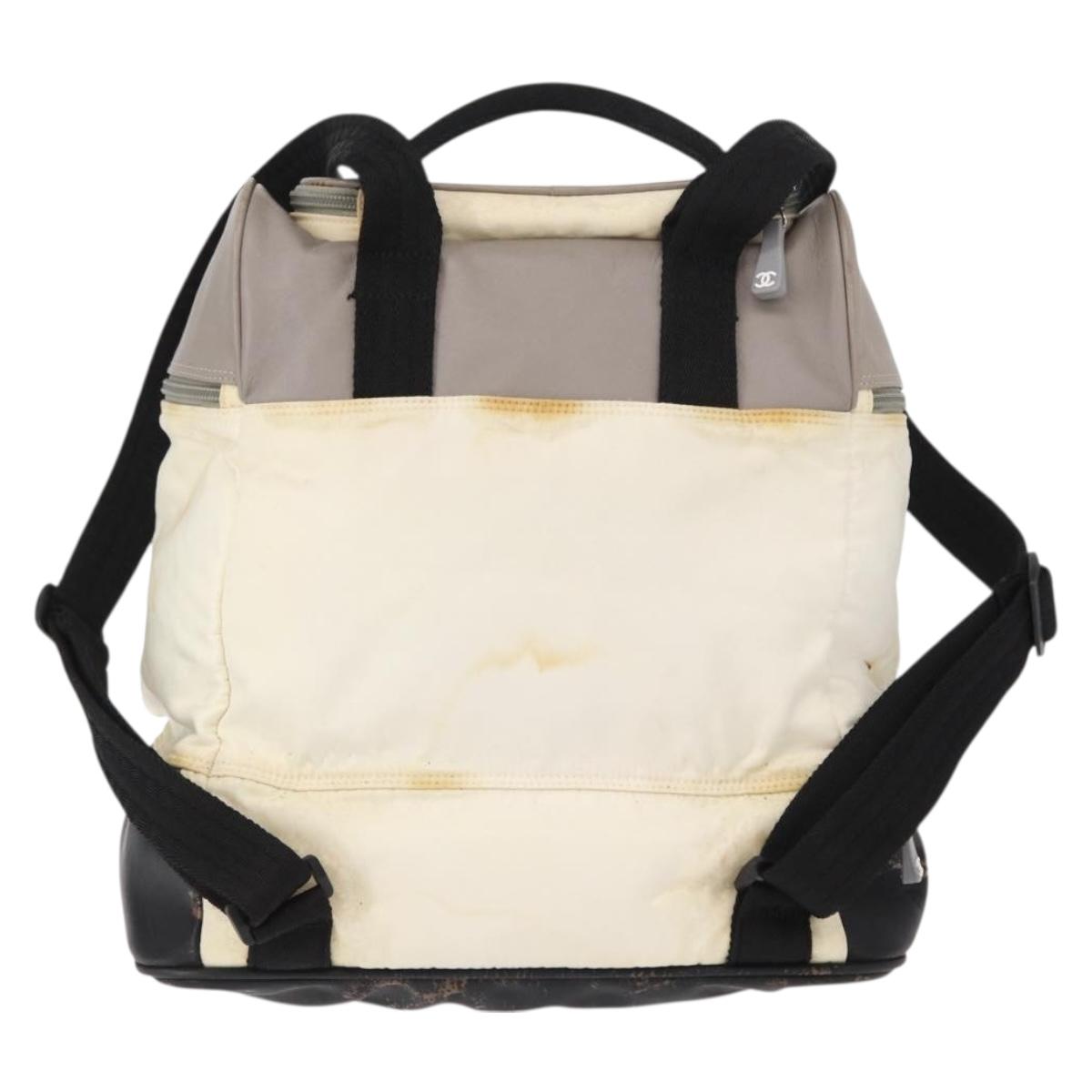 CHANEL Sports Line COCO Mark Backpack Nylon Leather White Silver CC Auth 149508