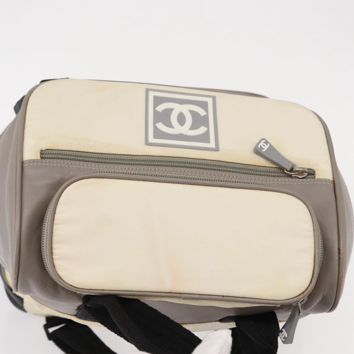 CHANEL Sports Line COCO Mark Backpack Nylon Leather White Silver CC Auth 149508