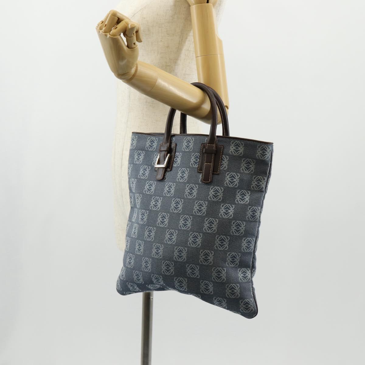 LOEWE Anagram Hand Bag Canvas Blue Silver Auth 149513V