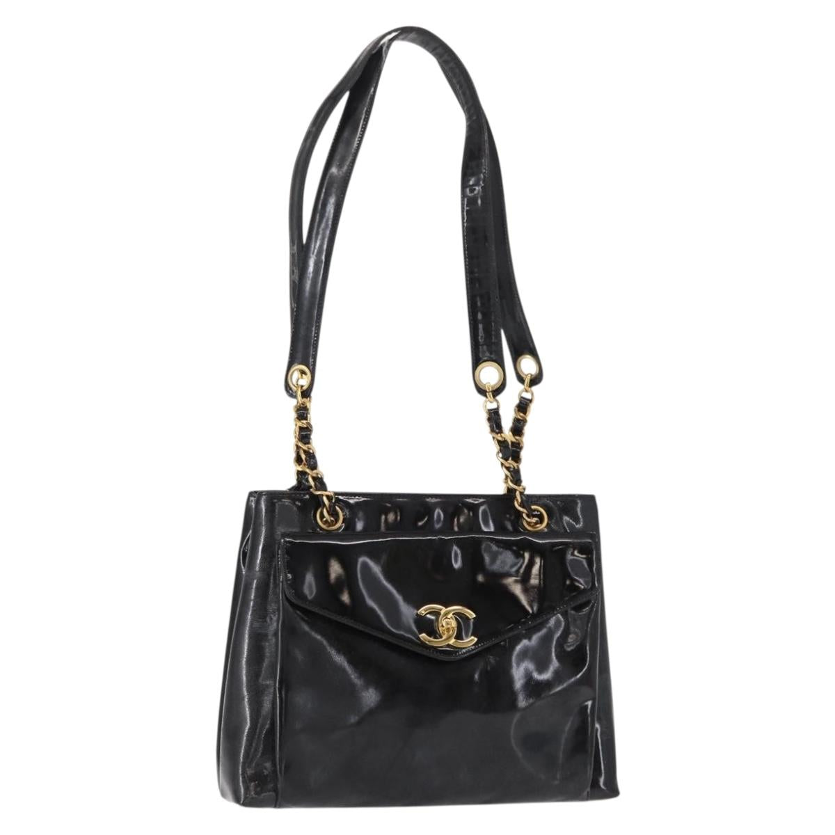CHANEL Chain Shoulder Bag Patent leather Black Gold CC Auth 149519