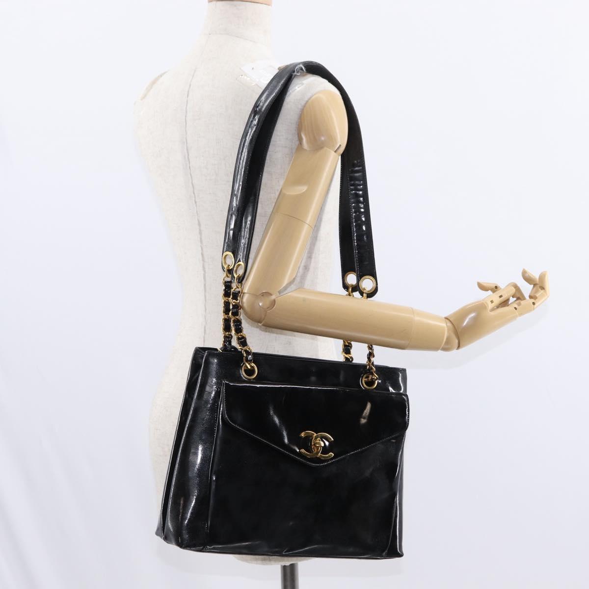 CHANEL Chain Shoulder Bag Patent leather Black Gold CC Auth 149519