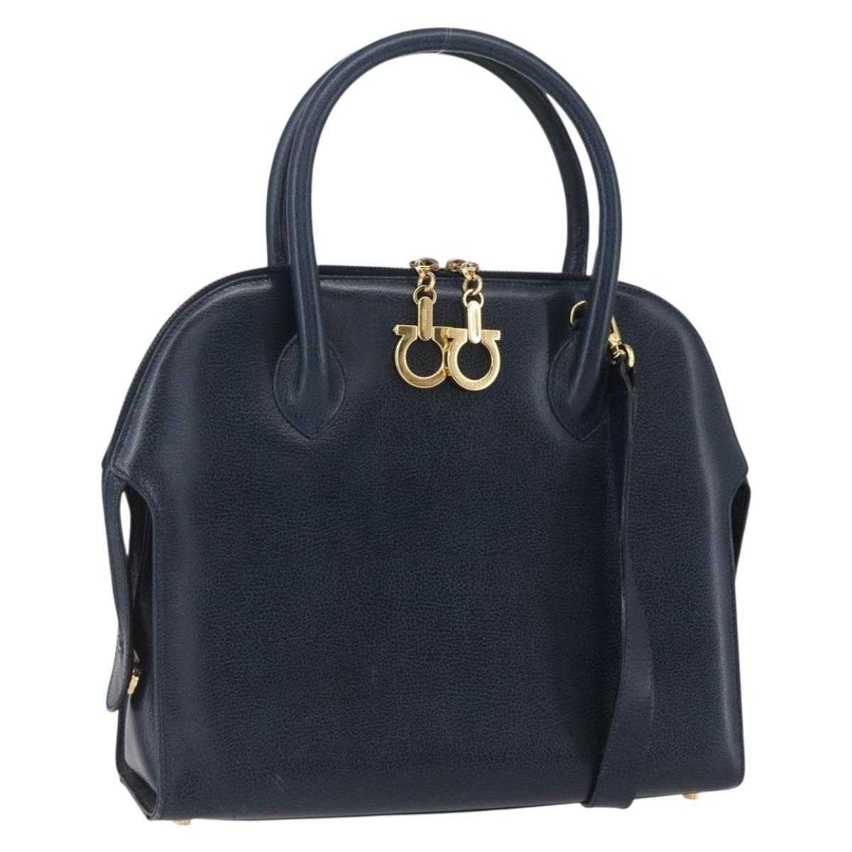 Salvatore Ferragamo Gancini Hand Bag Leather 2way Navy Gold Auth 149521