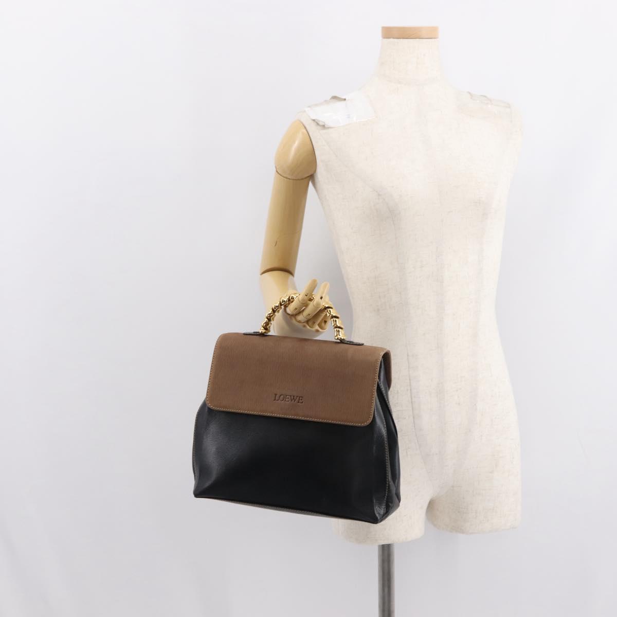 LOEWE Velazquez Hand Bag Leather Suede Brown Black gold Auth 149533