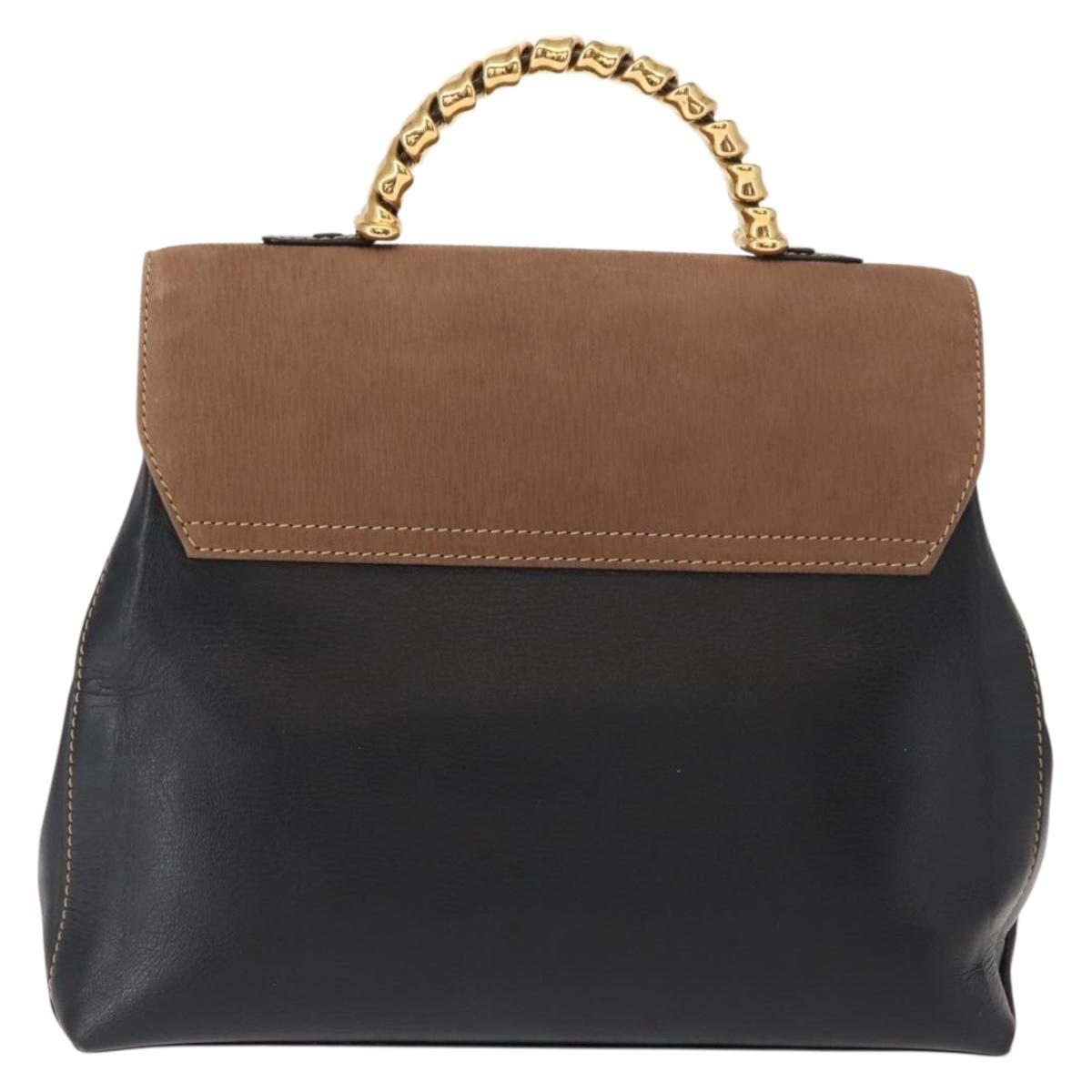 LOEWE Velazquez Hand Bag Leather Suede Brown Black gold Auth 149533