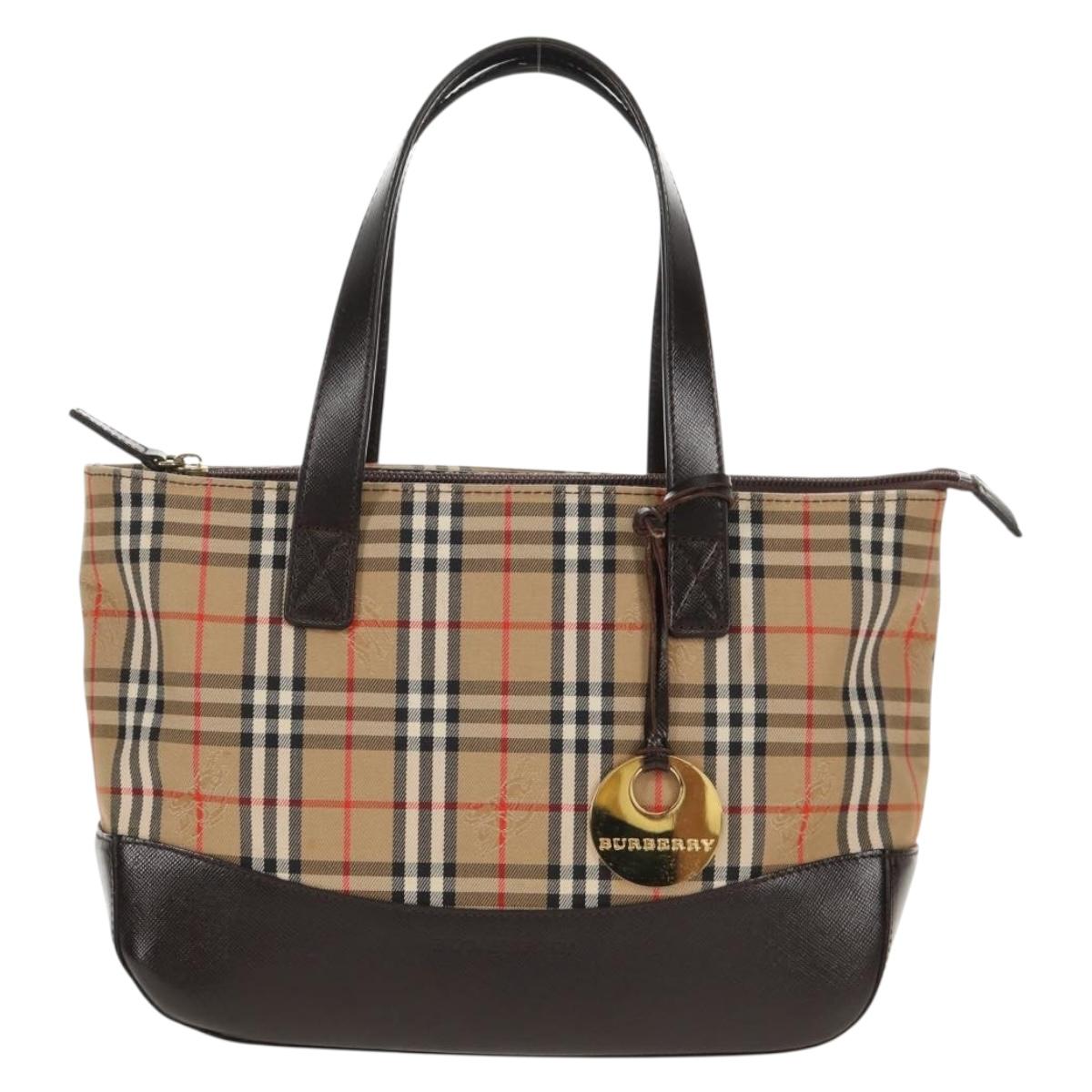 BURBERRY Nova Check Hand Bag Canvas Leather Beige Gold Auth 149571A