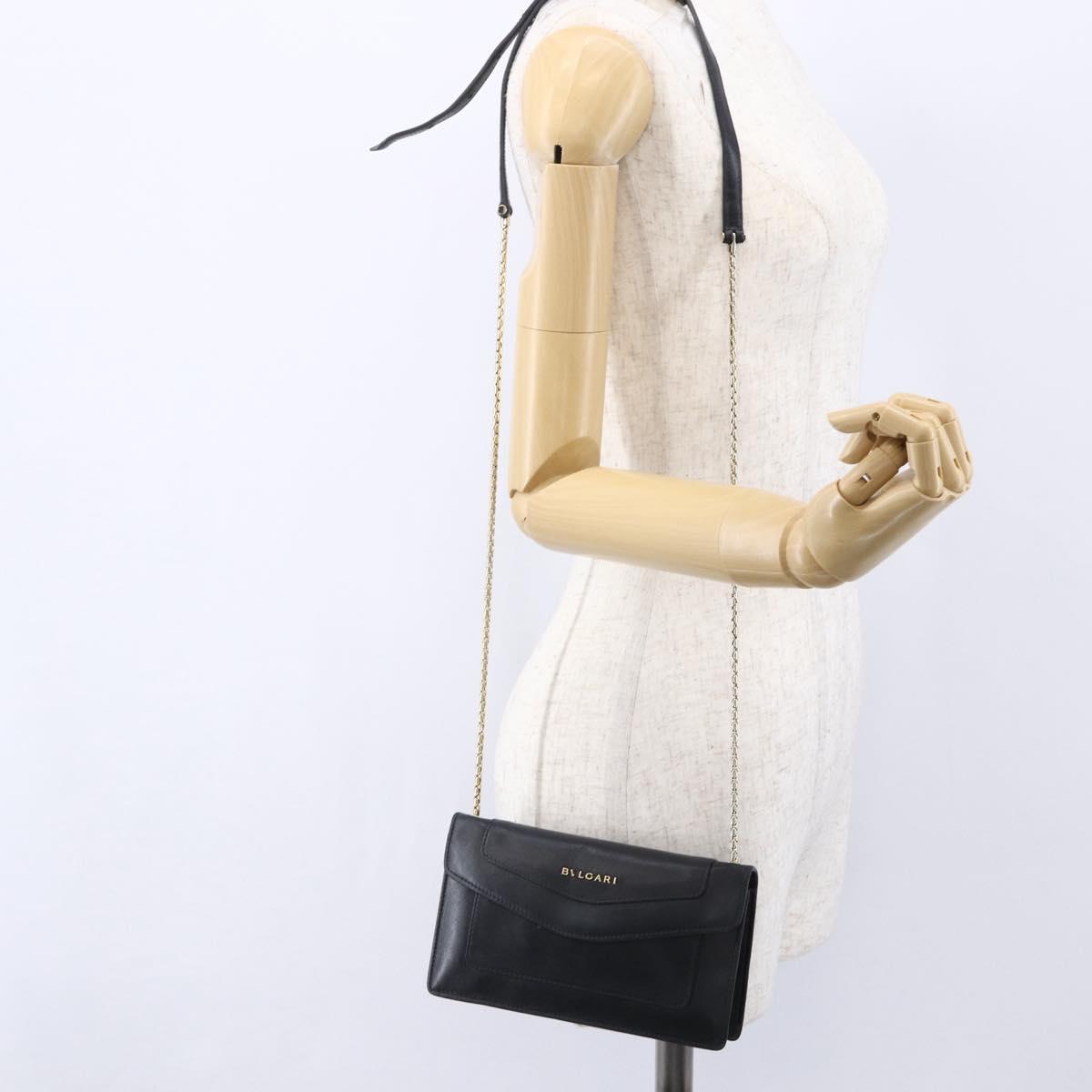 BVLGARI Chain Shoulder Bag Leather Black Gold Auth 149576