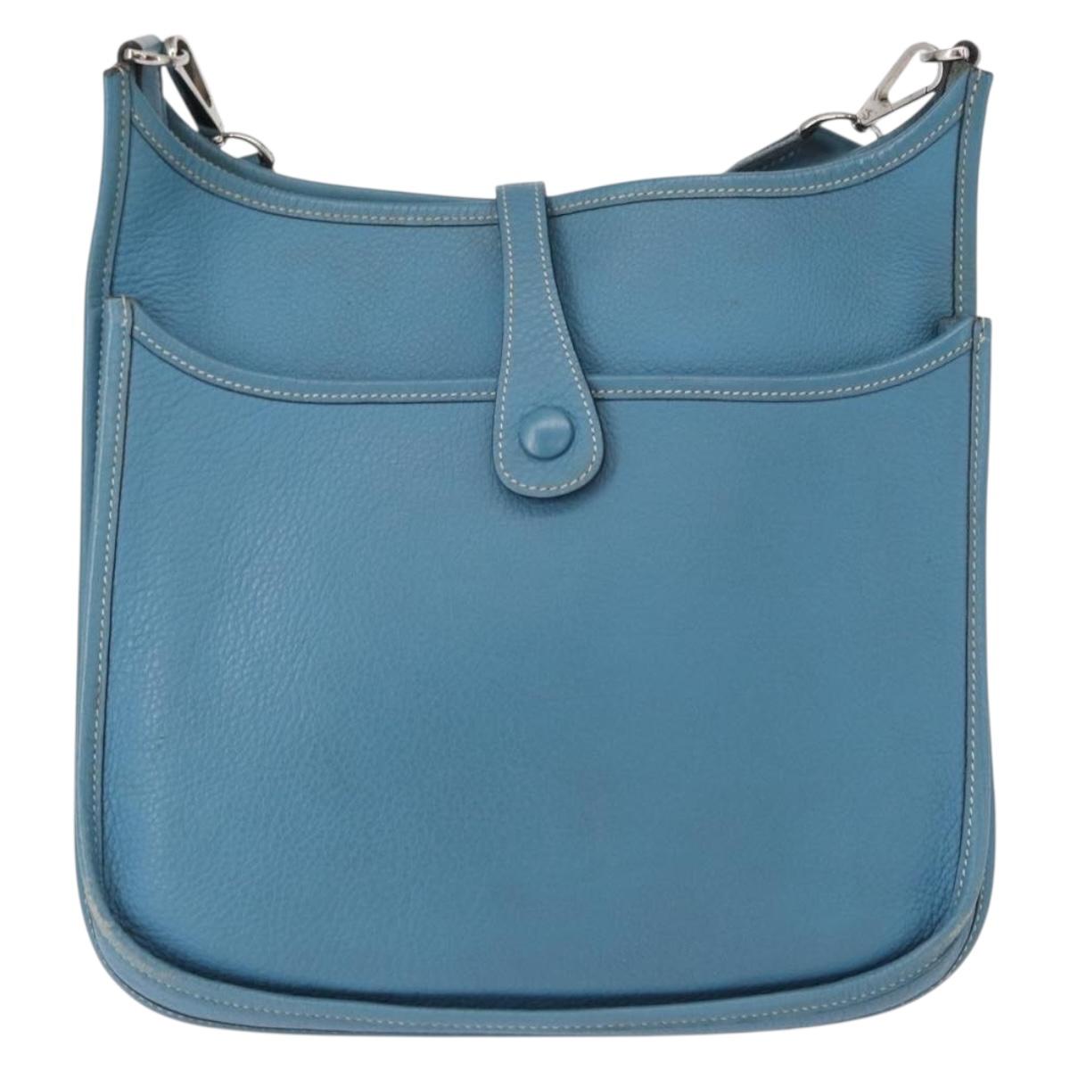 HERMES Evelyn 2 PM Shoulder Bag Leather Blue Silver Auth 149578