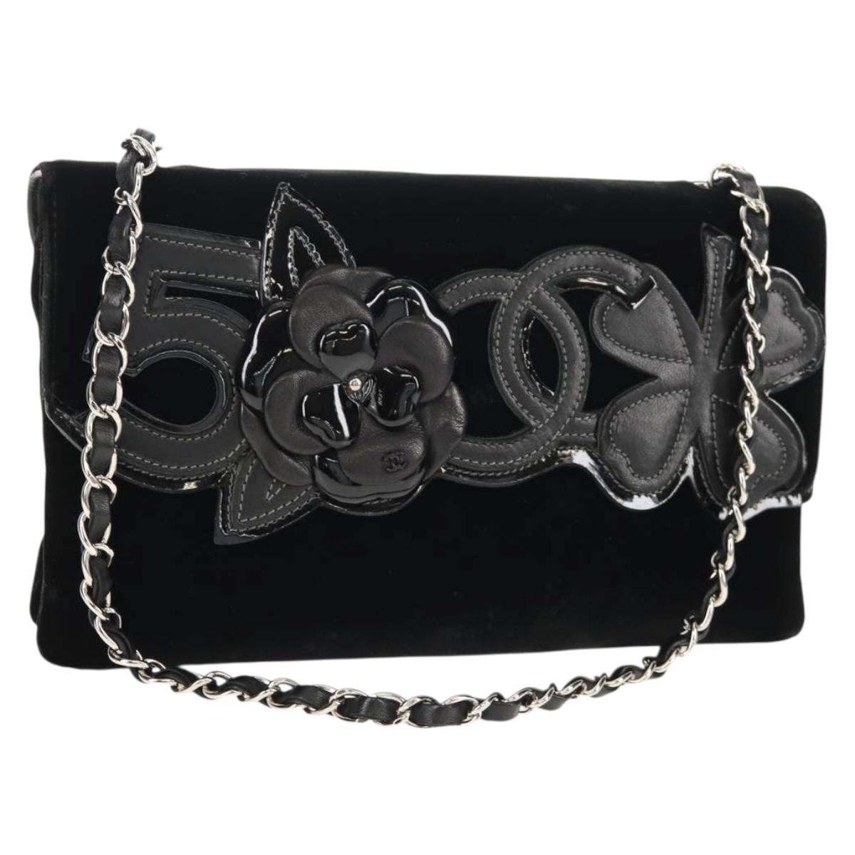 CHANEL Chain COCO Mark Camelia Shoulder Bag Velor Black Silver CC Auth 149585V