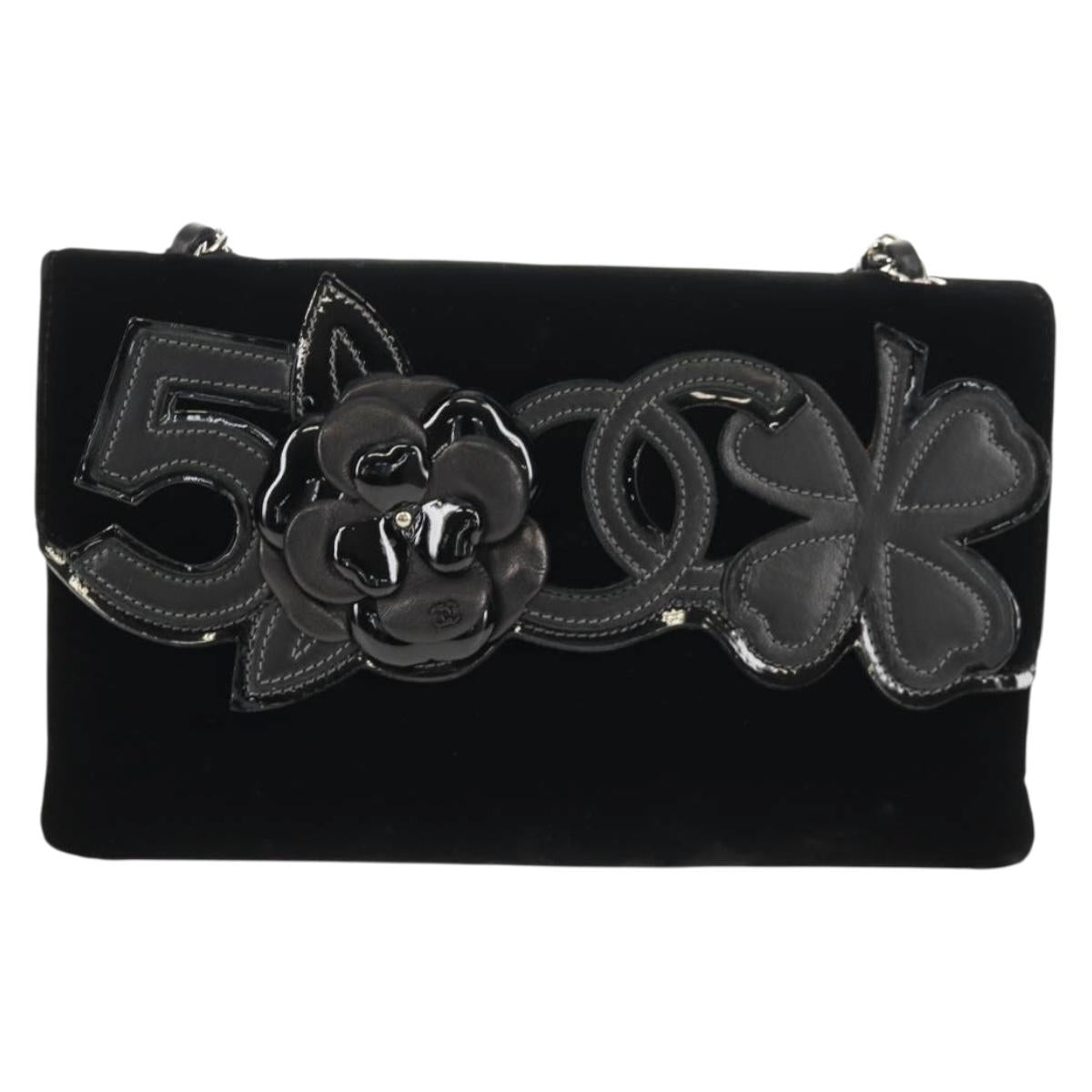 CHANEL Chain COCO Mark Camelia Shoulder Bag Velor Black Silver CC Auth 149585V