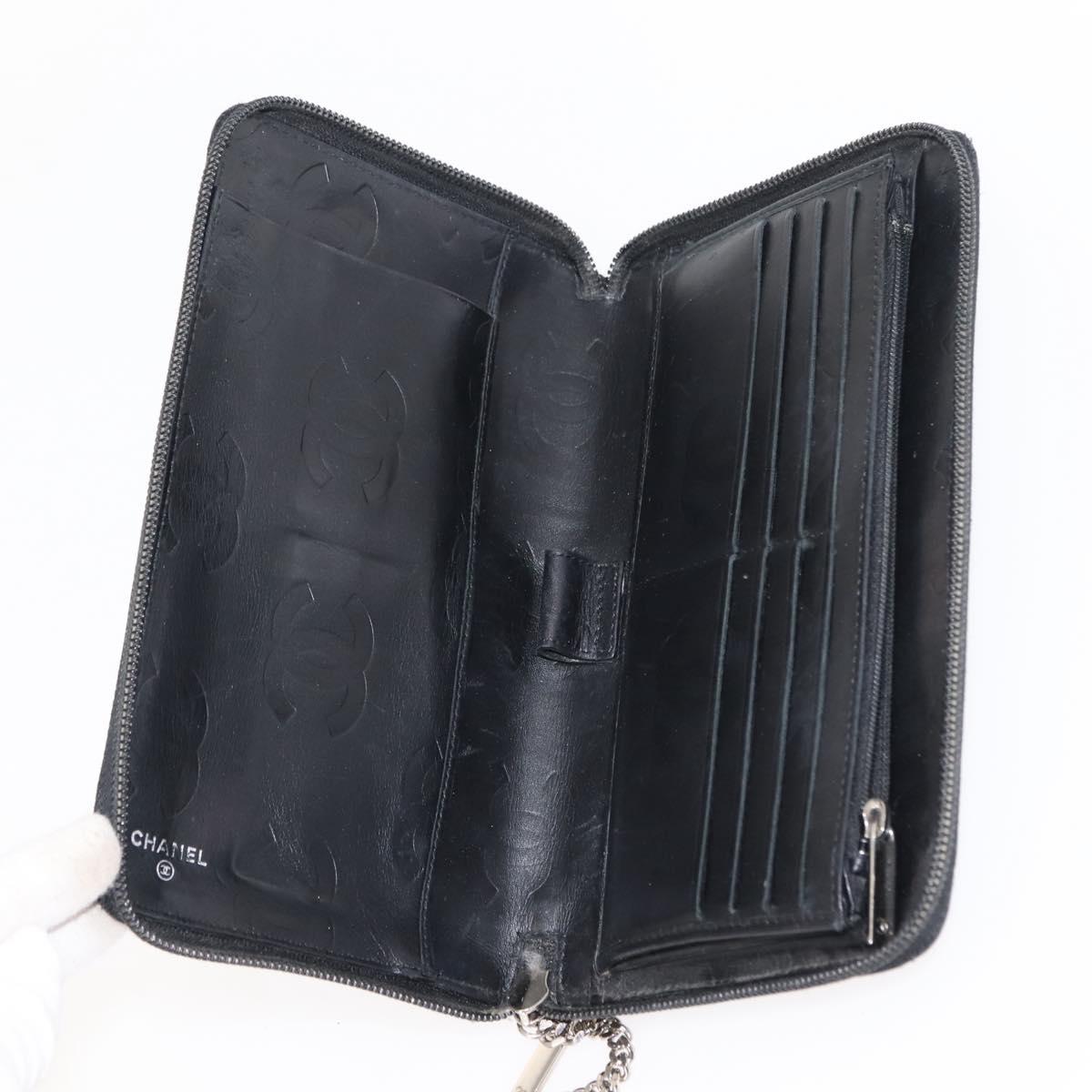 CHANEL Cambon Line Organizer Long Wallet Leather Black Silver CC Auth 149586