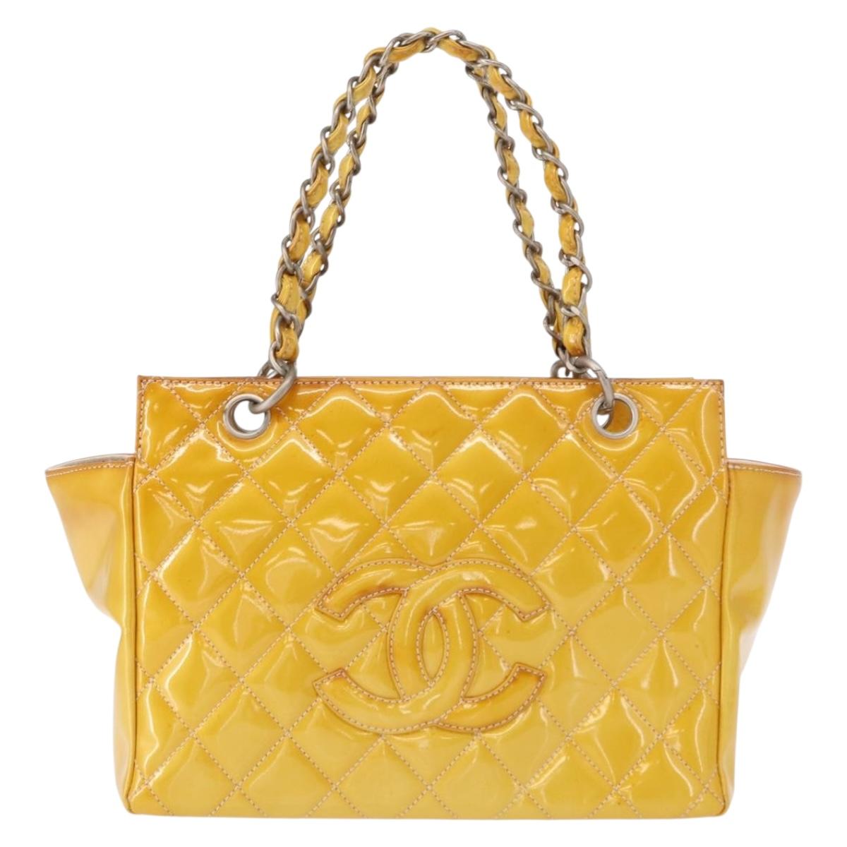 CHANEL Matelasse COCO Mark Chain Bag Patent leather Yellow Silver CC Auth 149641