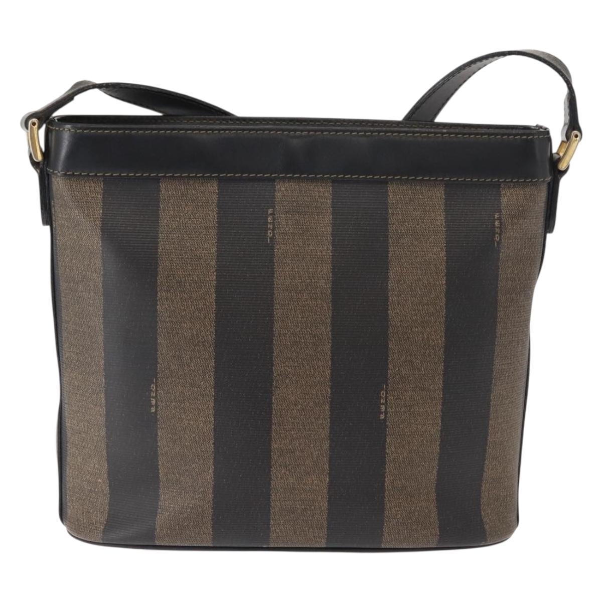 FENDI Pecan Canvas Shoulder Bag PVC Black Brown gold Auth 149654