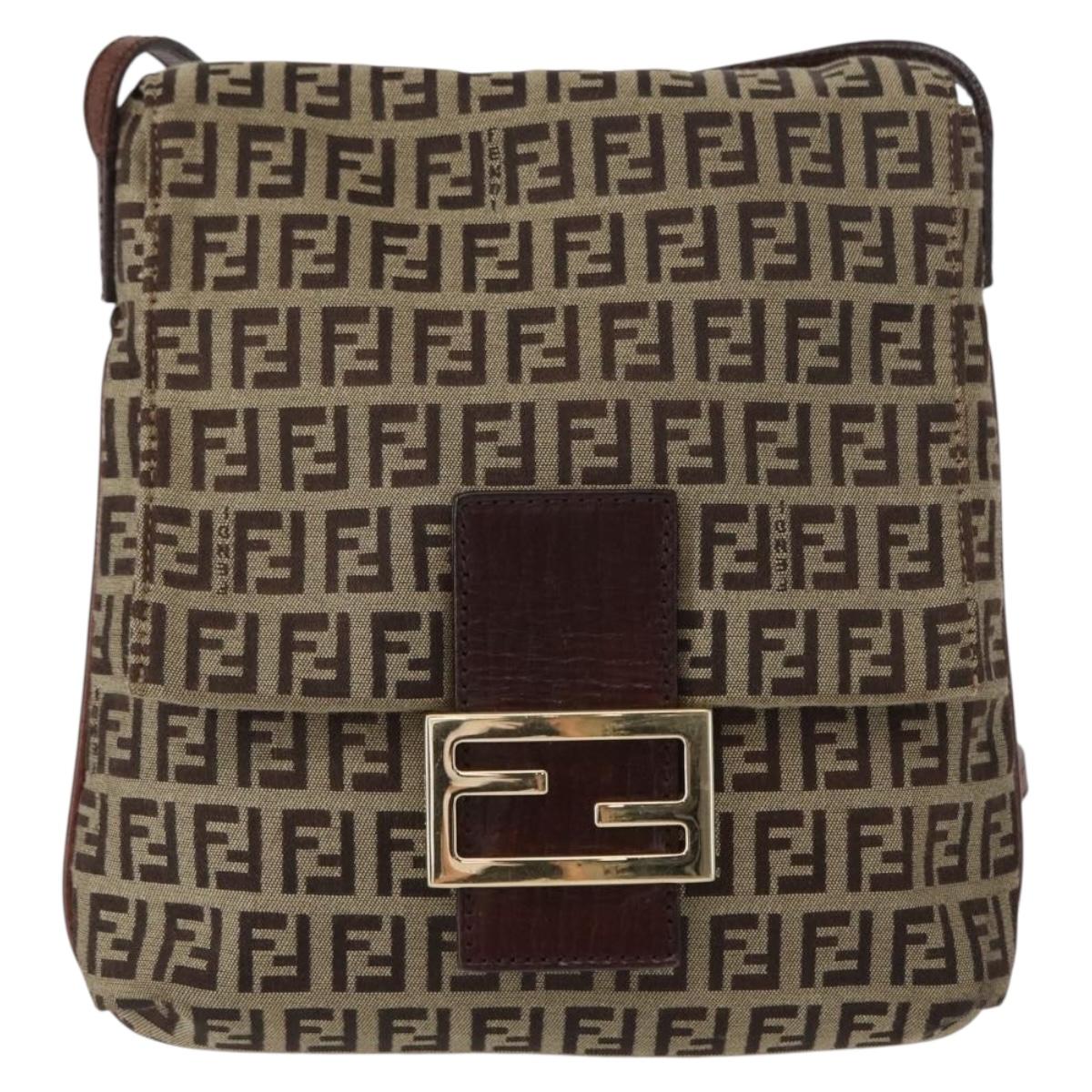 FENDI Zucchino Canvas Shoulder Bag Beige Gold Auth 149656
