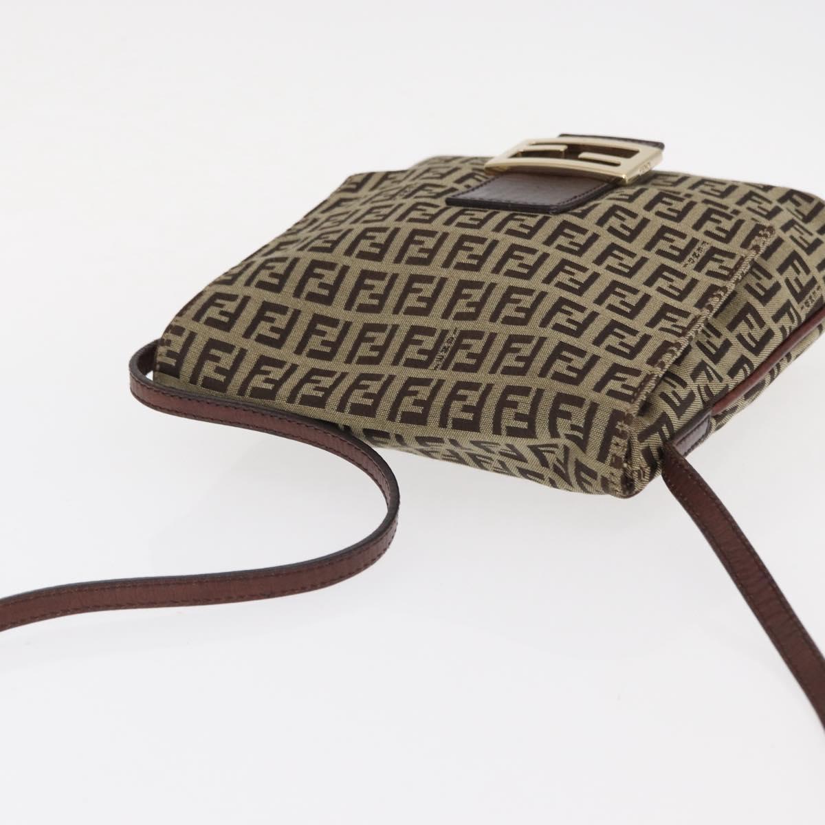 FENDI Zucchino Canvas Shoulder Bag Beige Gold Auth 149656