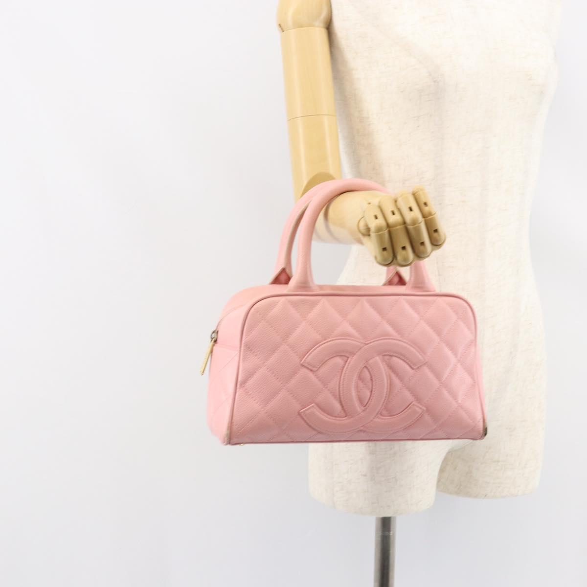 CHANEL Matelasse COCO Mark Hand Bag Caviar Skin Pink Gold CC Auth 149681