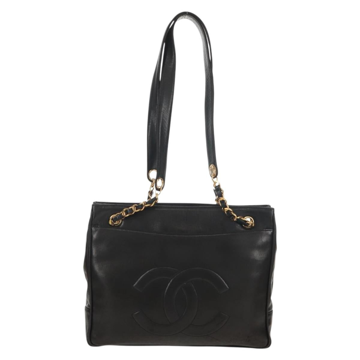 CHANEL Matelasse Big COCO Mark Chain Bag Lamb Skin Black Gold CC Auth 149721