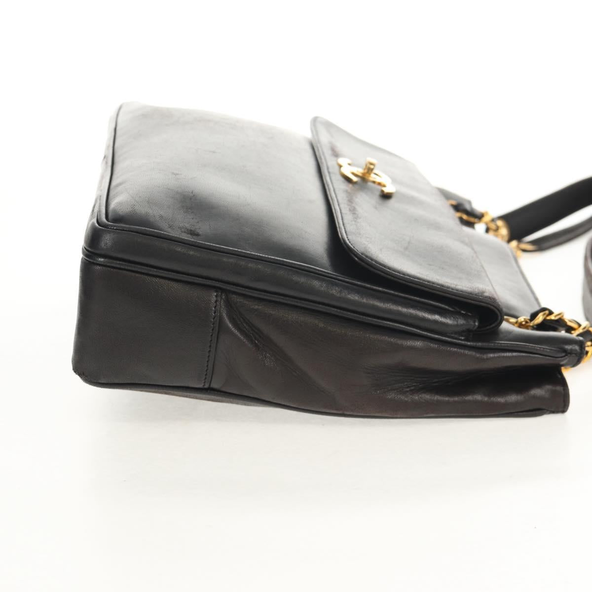 CHANEL Matelasse Big COCO Mark Chain Bag Lamb Skin Black Gold CC Auth 149721