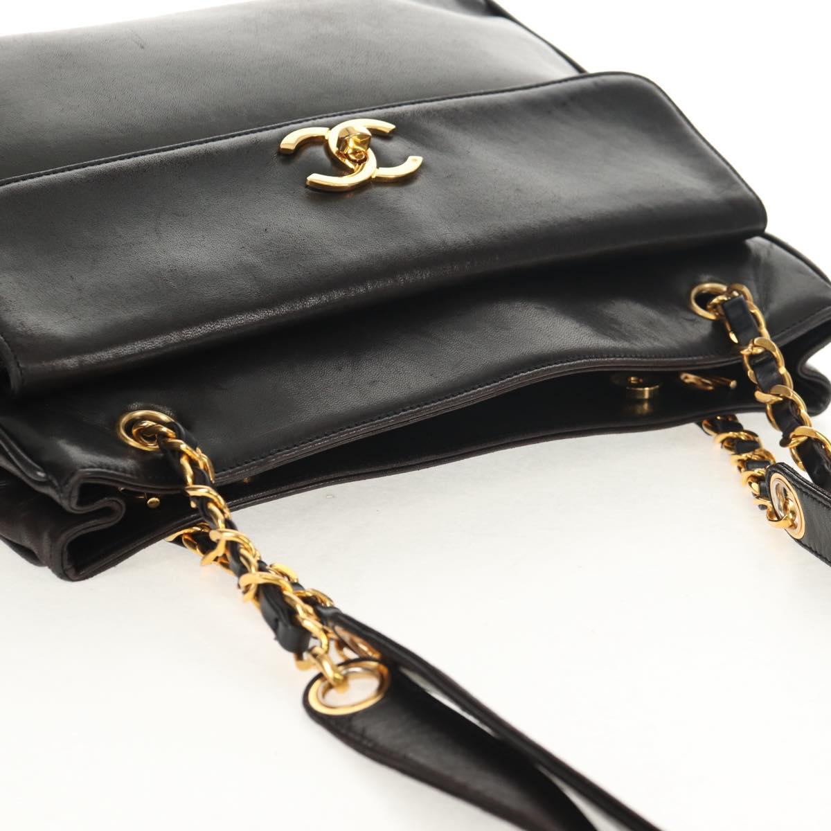 CHANEL Matelasse Big COCO Mark Chain Bag Lamb Skin Black Gold CC Auth 149721