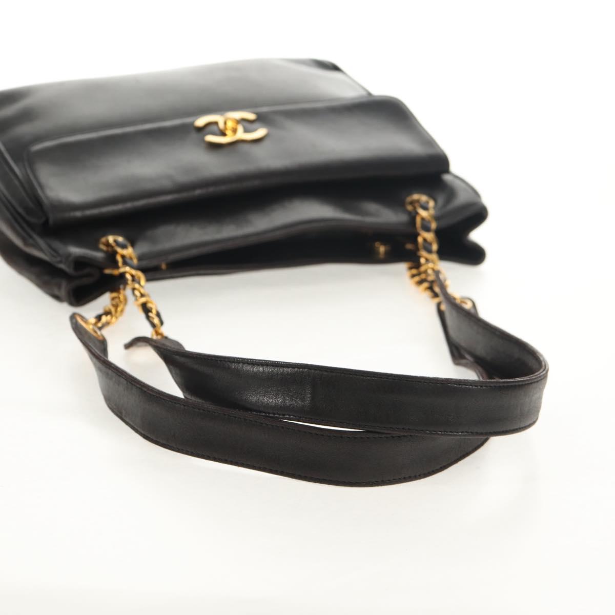 CHANEL Matelasse Big COCO Mark Chain Bag Lamb Skin Black Gold CC Auth 149721