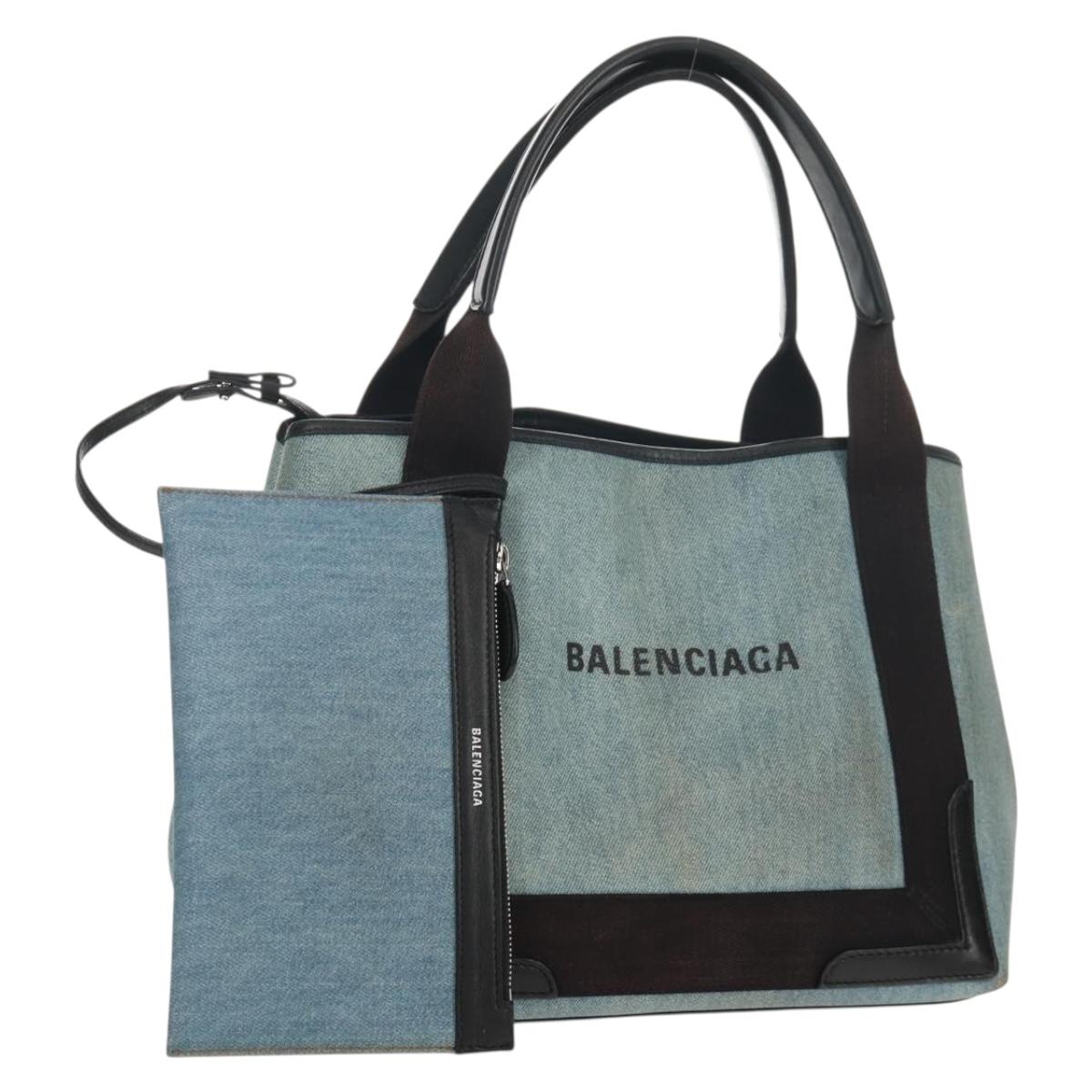 BALENCIAGA Navy Cabas S Hand Bag PVC Leather Blue Silver 339933 Auth 149725