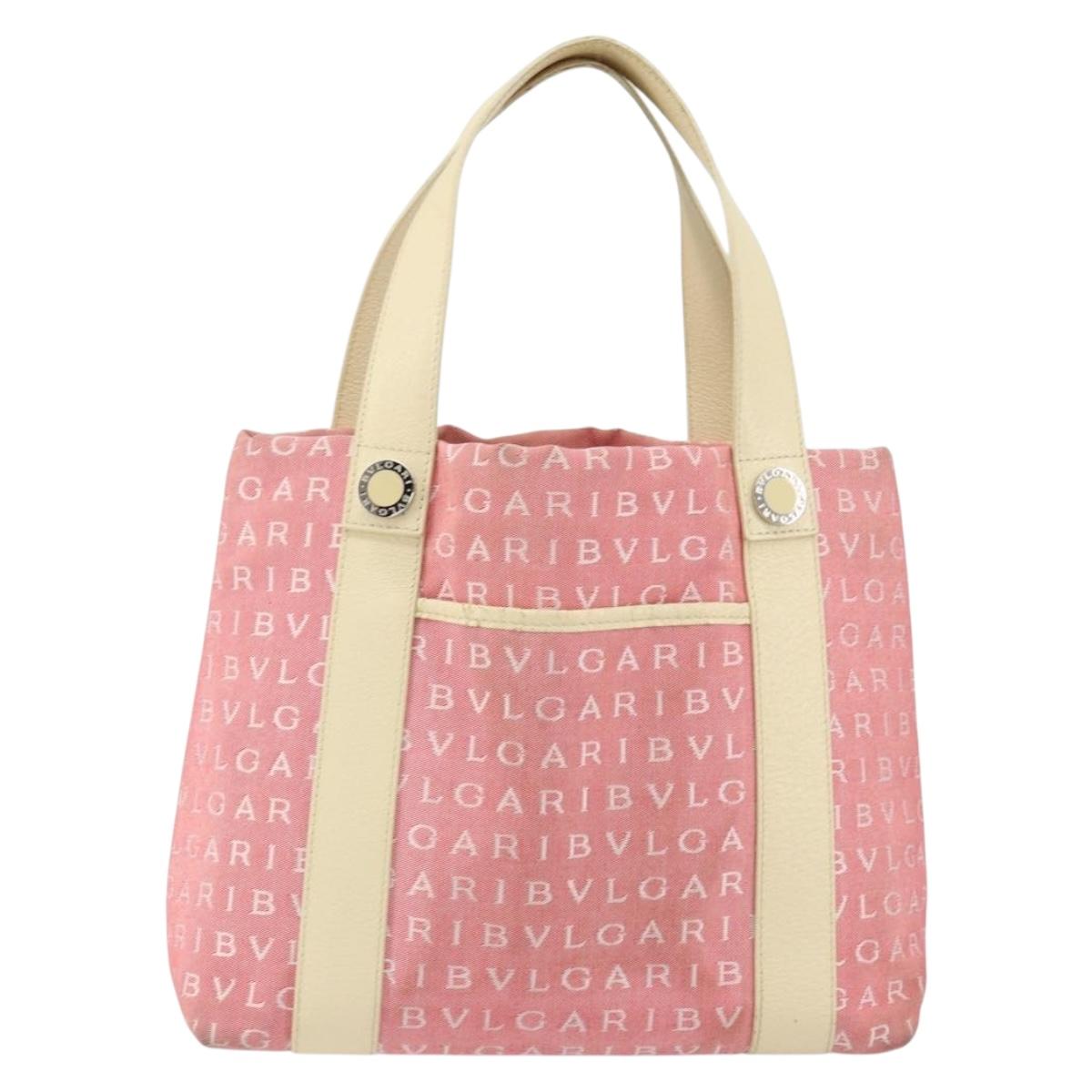 BVLGARI Logo Mania Hand Bag Canvas Pink Silver Auth 149749