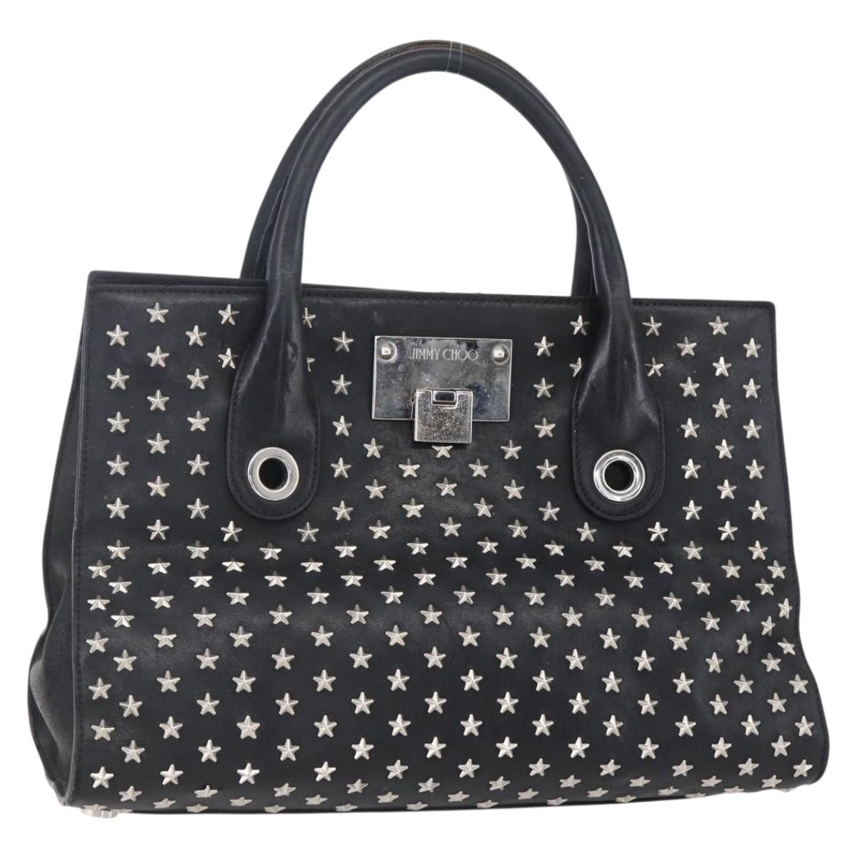 Jimmy Choo Studs Hand Bag Leather Black Silver Auth 149751