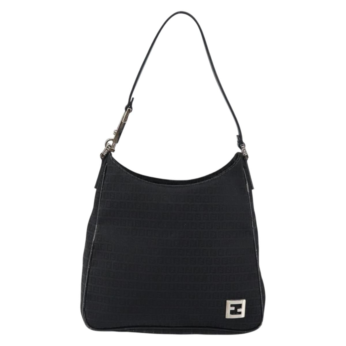 FENDI Zucchino Canvas Shoulder Bag Black Silver Auth 149754