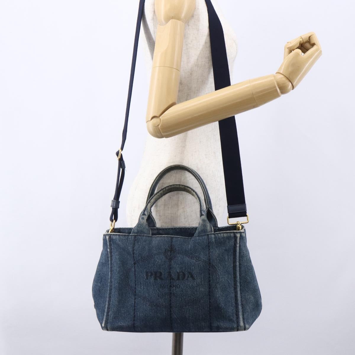PRADA Canapa PM Hand Bag Denim 2way Blue Gold Auth 149755