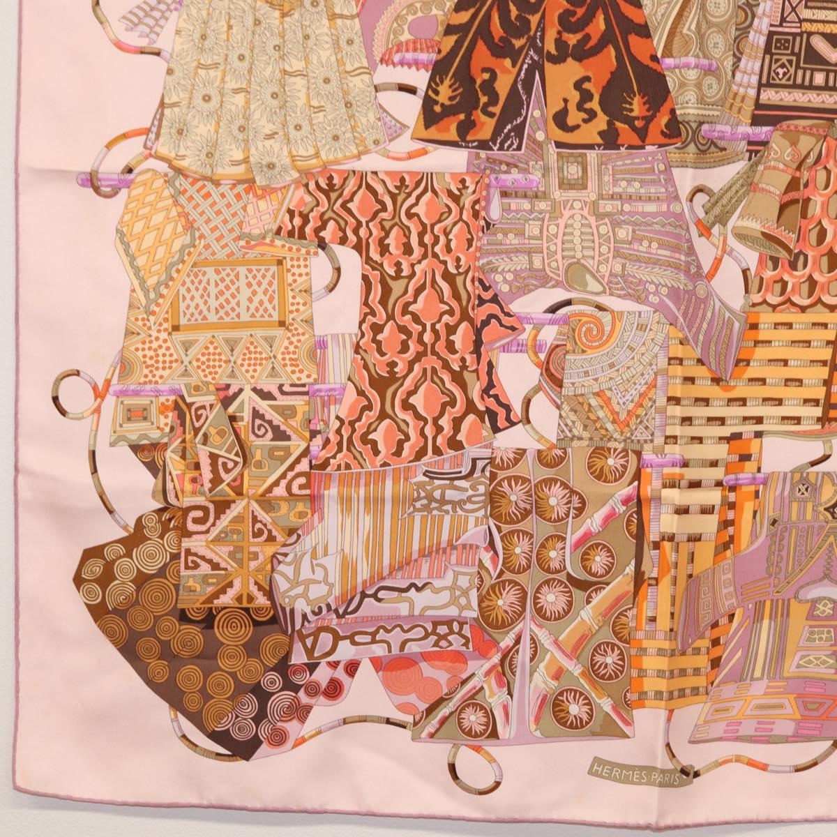 HERMES Carre 90 Scarf Silk ""VOYAGE EN ETOFFES"" Pink Auth 149767