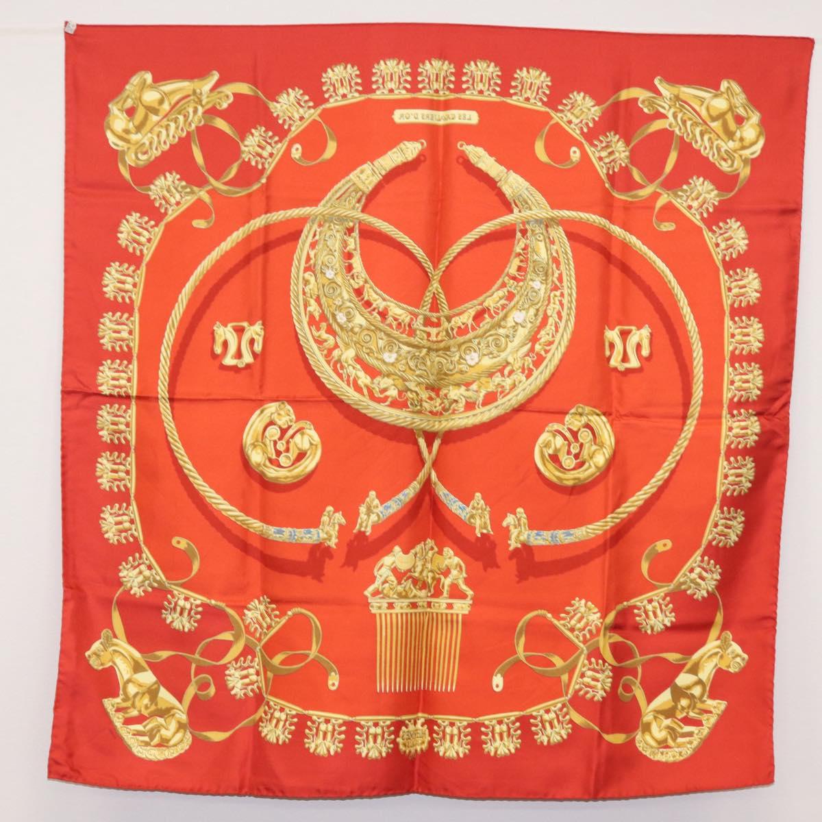 HERMES Carre 90 Scarf Silk ""LES CAVALIERS D'OR"" Red Auth 149769