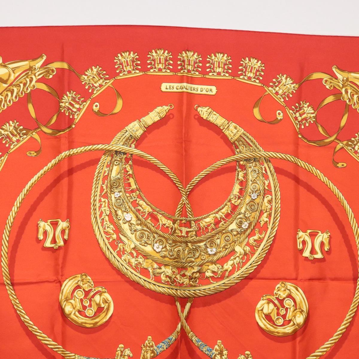 HERMES Carre 90 Scarf Silk ""LES CAVALIERS D'OR"" Red Auth 149769