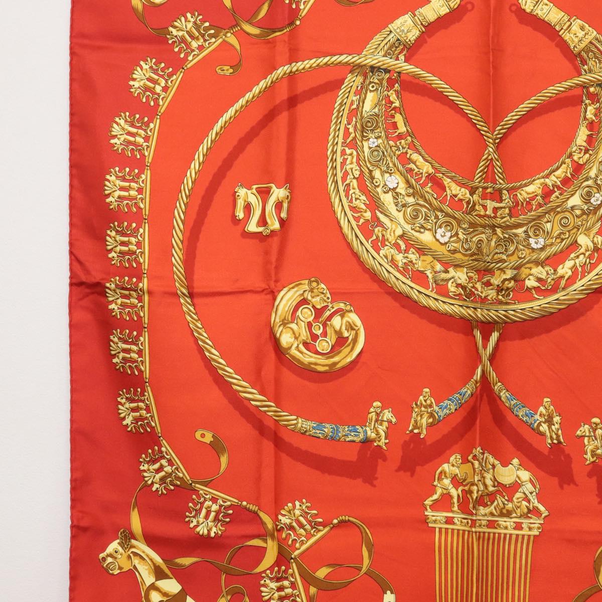 HERMES Carre 90 Scarf Silk ""LES CAVALIERS D'OR"" Red Auth 149769