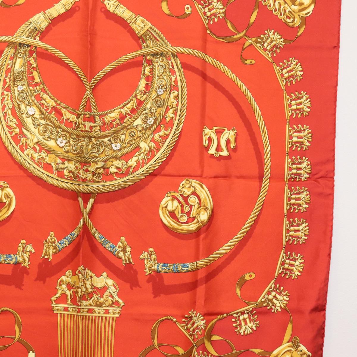 HERMES Carre 90 Scarf Silk ""LES CAVALIERS D'OR"" Red Auth 149769