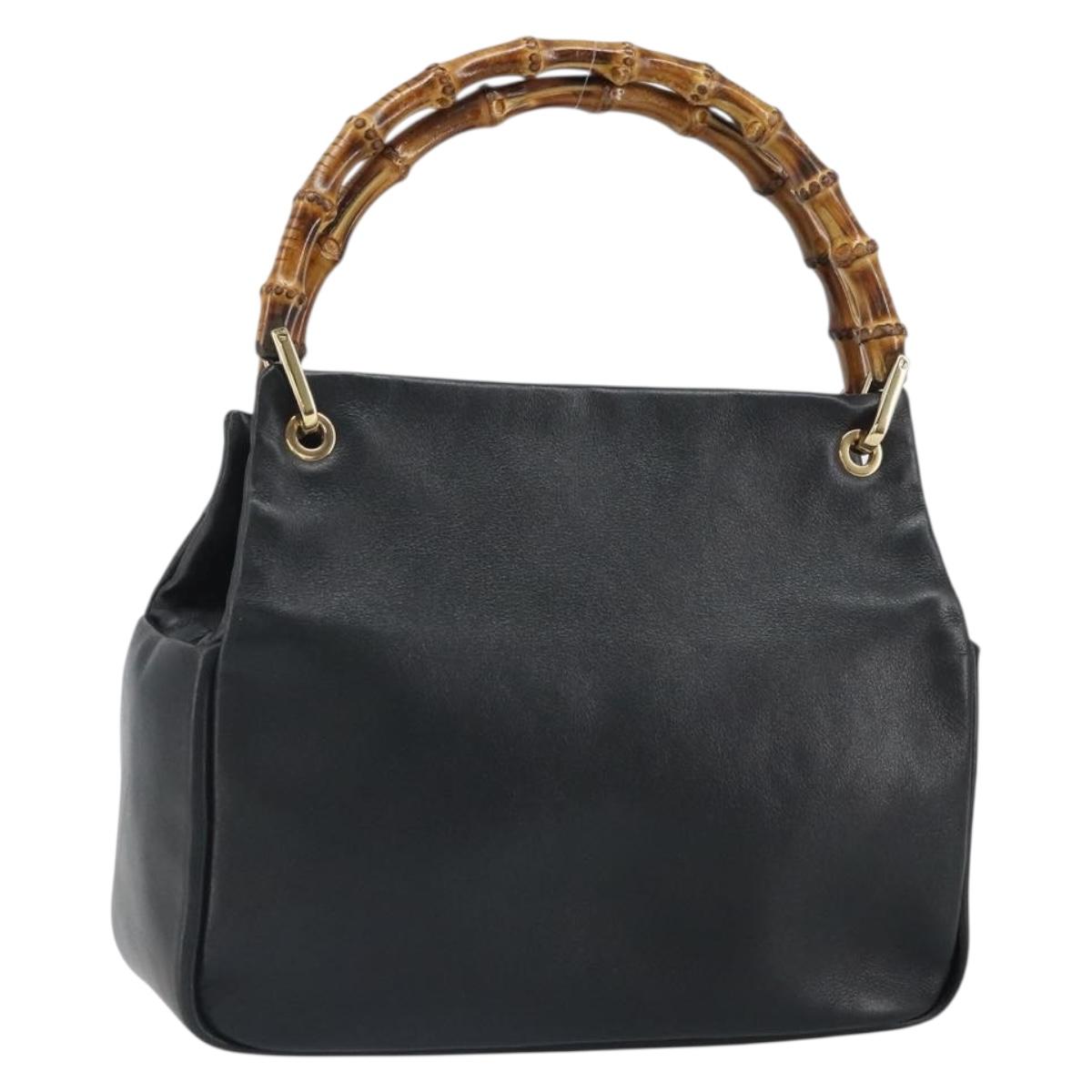 GUCCI Bamboo Hand Bag Leather Black Gold 000 3444 0575 Auth 149792