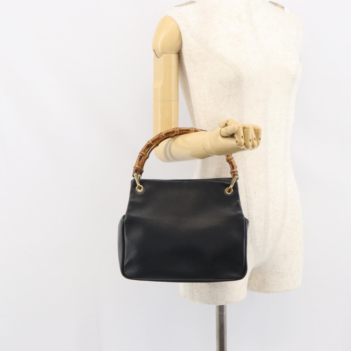GUCCI Bamboo Hand Bag Leather Black Gold 000 3444 0575 Auth 149792