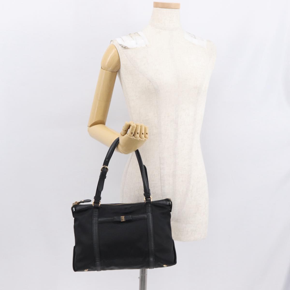 Salvatore Ferragamo Vala Hand Bag Nylon Black Gold Auth 149797