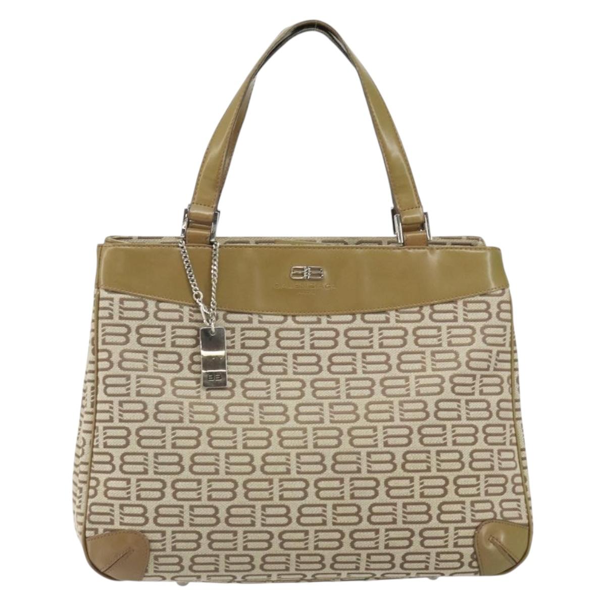 BALENCIAGA Hand Bag Canvas Beige Silver Auth 149812