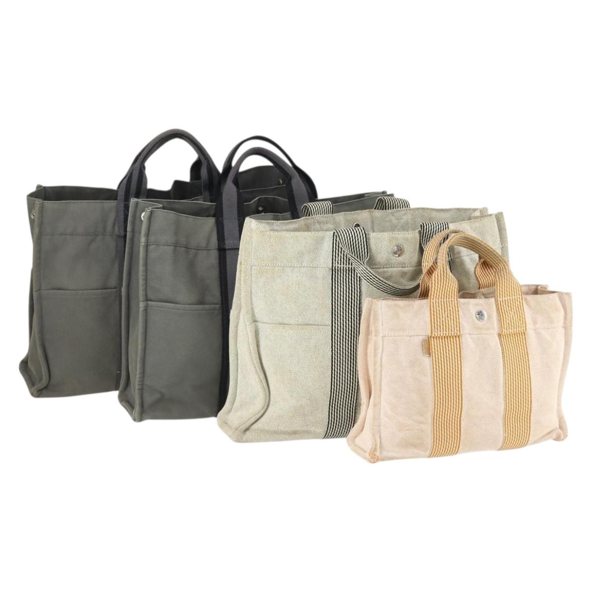 HERMES Fourre Tout Hand Bag Canvas 4 Set Gray Beige Auth 149837