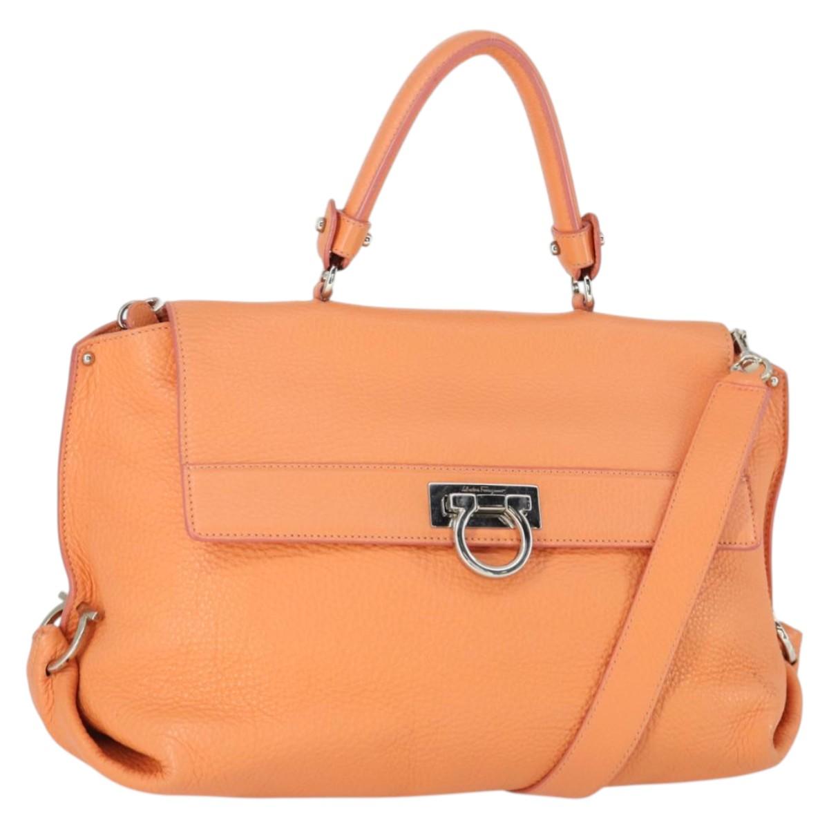 Salvatore Ferragamo Gancini Hand Bag Leather 2way Orange Silver Auth 149840
