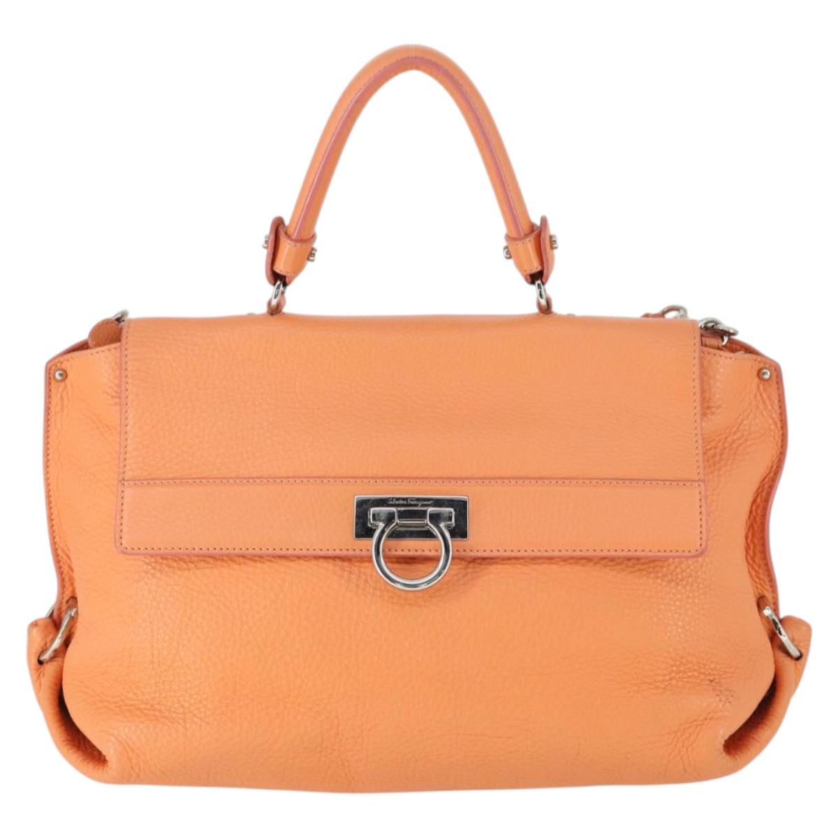 Salvatore Ferragamo Gancini Hand Bag Leather 2way Orange Silver Auth 149840