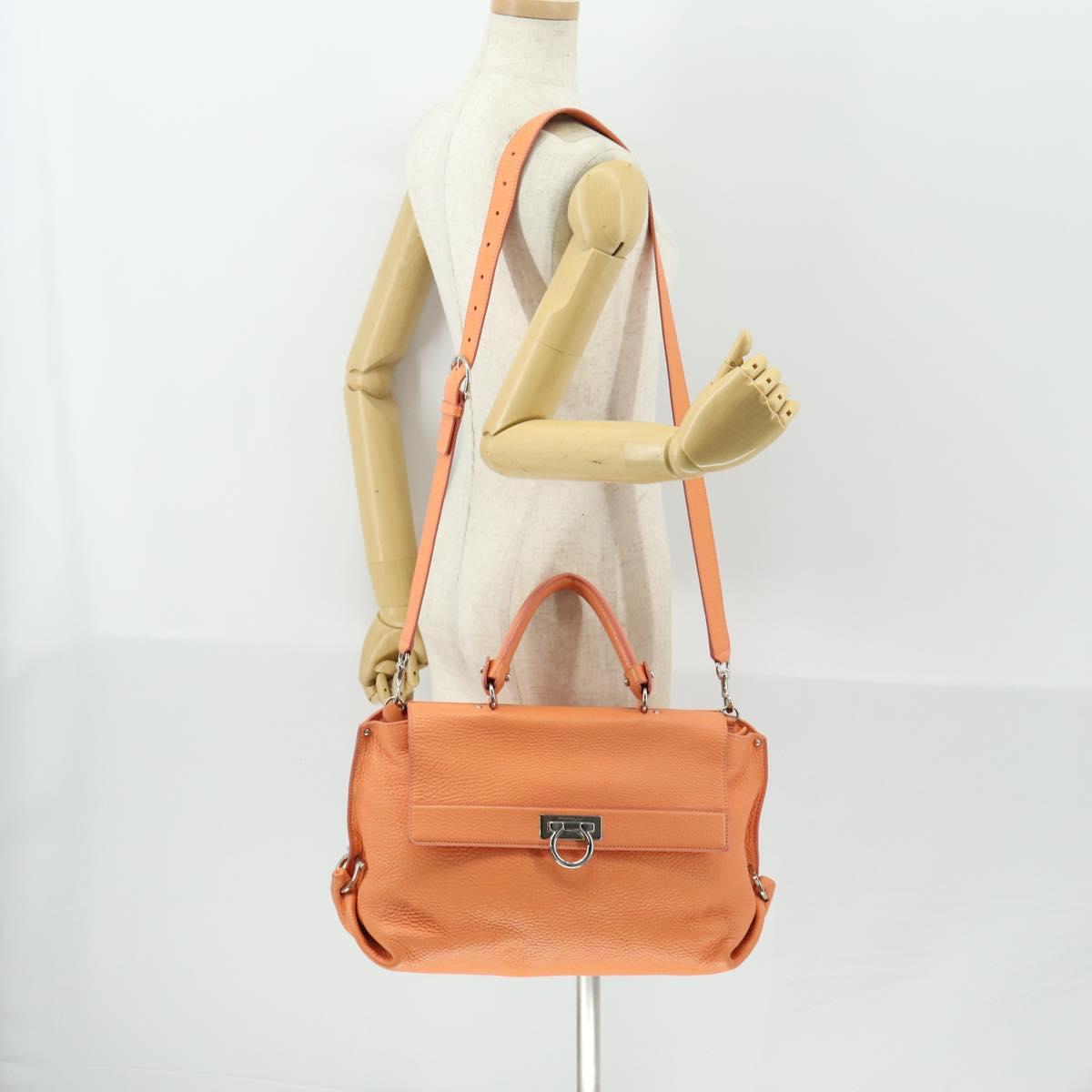 Salvatore Ferragamo Gancini Hand Bag Leather 2way Orange Silver Auth 149840