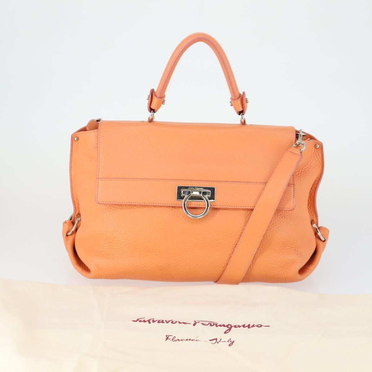 Salvatore Ferragamo Gancini Hand Bag Leather 2way Orange Silver Auth 149840