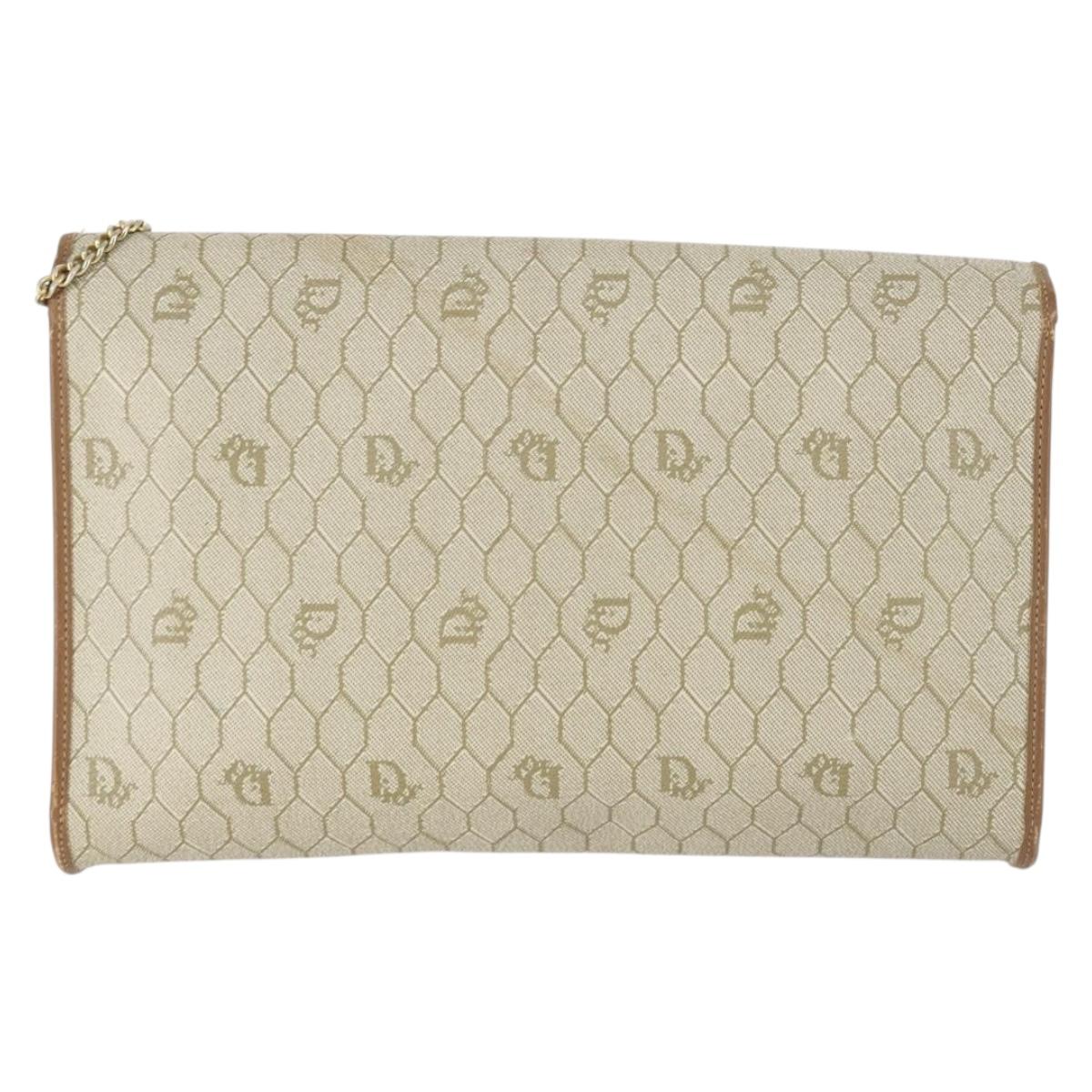 Christian Dior Honeycomb Canvas Chain Shoulder Bag PVC Beige Gold Auth 149887