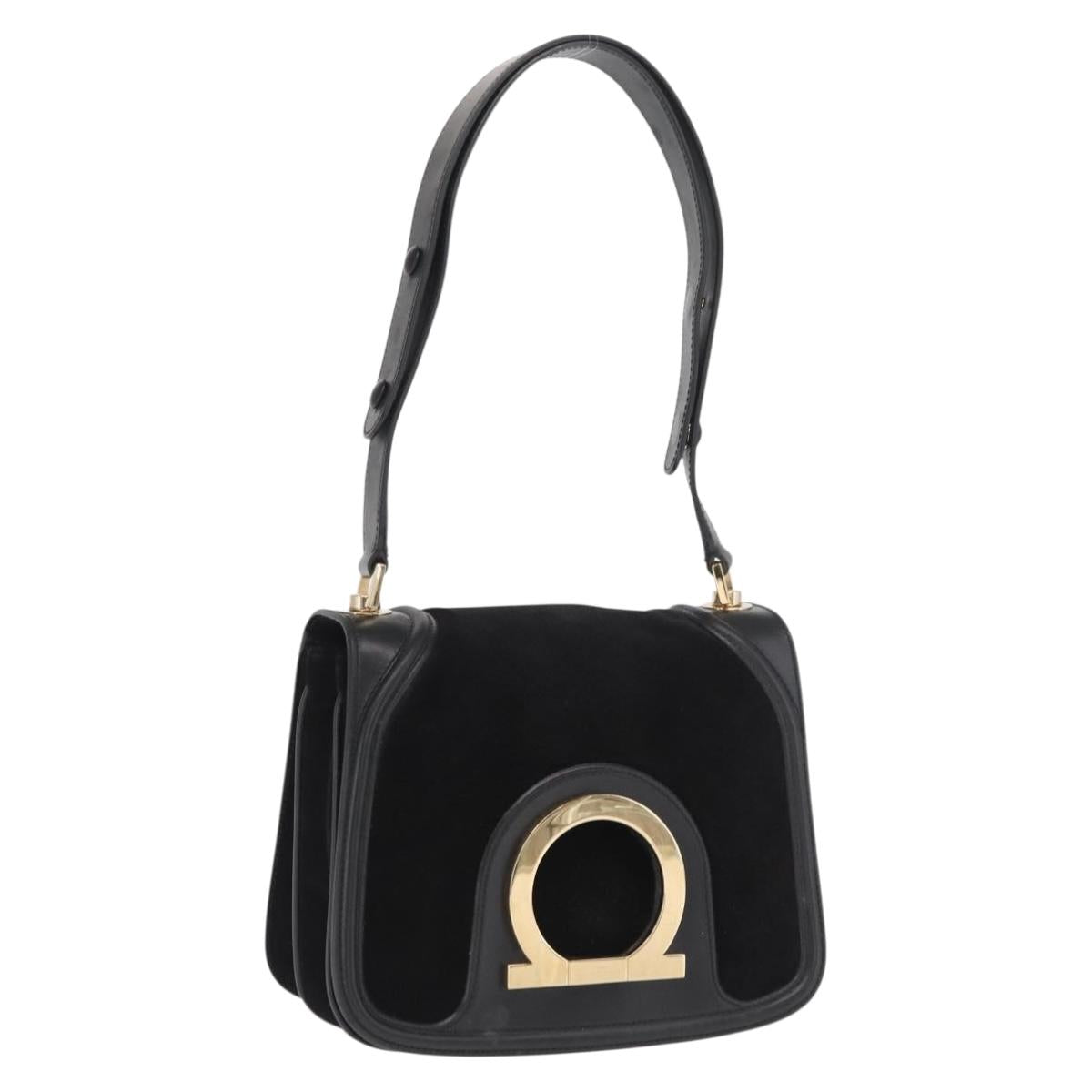 Salvatore Ferragamo Gancini Shoulder Bag Suede Black Gold Auth 149888V