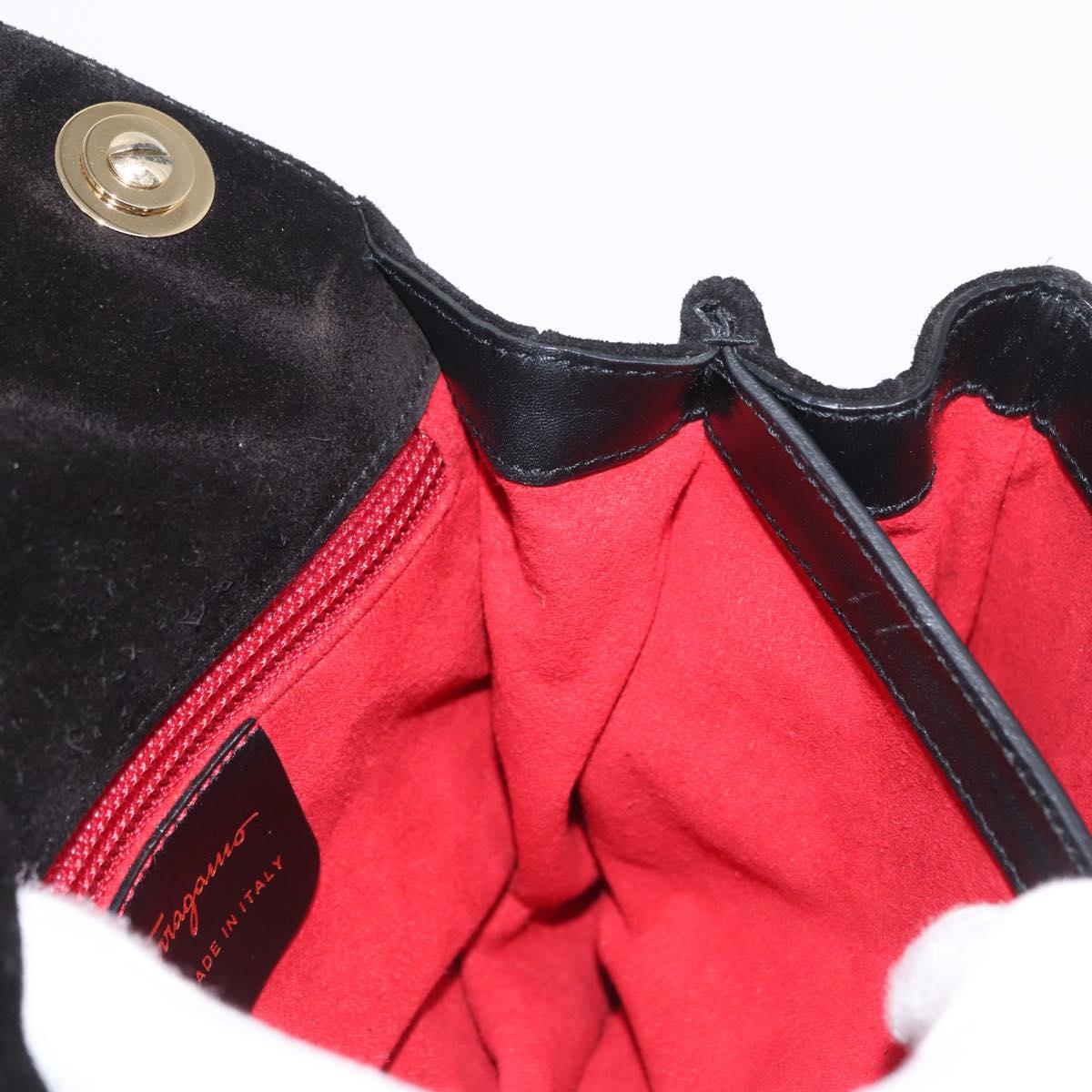 Salvatore Ferragamo Gancini Shoulder Bag Suede Black Gold Auth 149888V