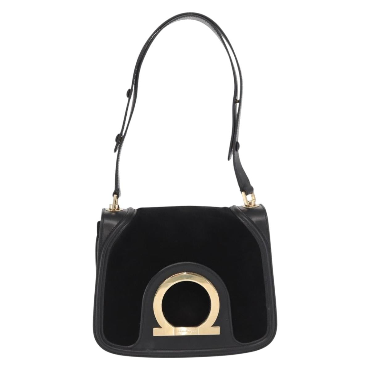Salvatore Ferragamo Gancini Shoulder Bag Suede Black Gold Auth 149888V