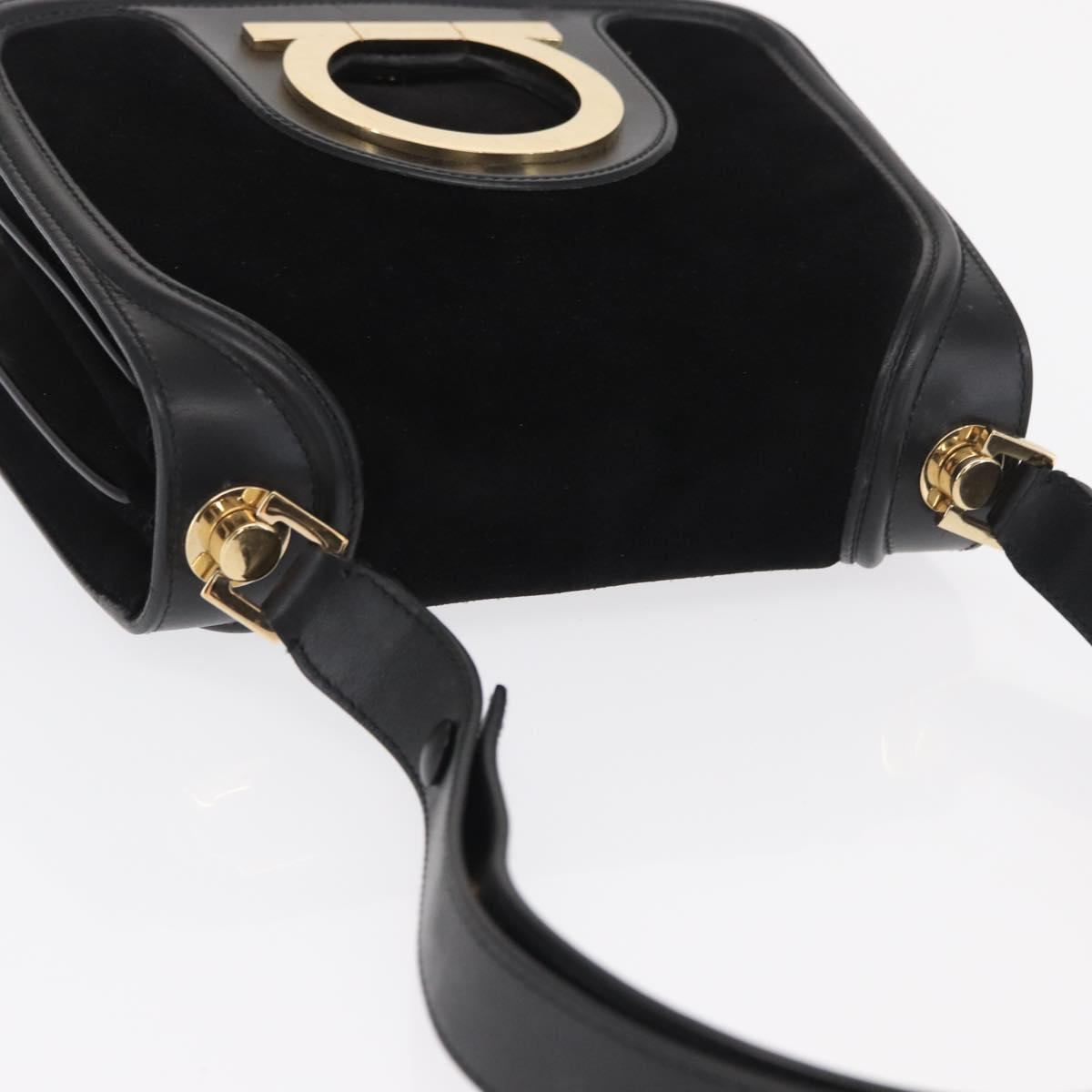 Salvatore Ferragamo Gancini Shoulder Bag Suede Black Gold Auth 149888V