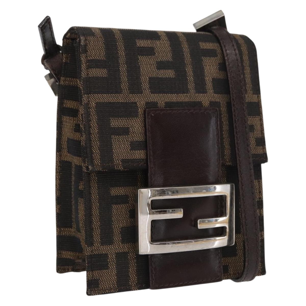 FENDI Zucca Canvas Shoulder Bag Black Brown Silver Auth 149894V