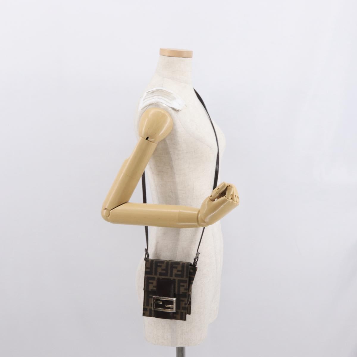 FENDI Zucca Canvas Shoulder Bag Black Brown Silver Auth 149894V