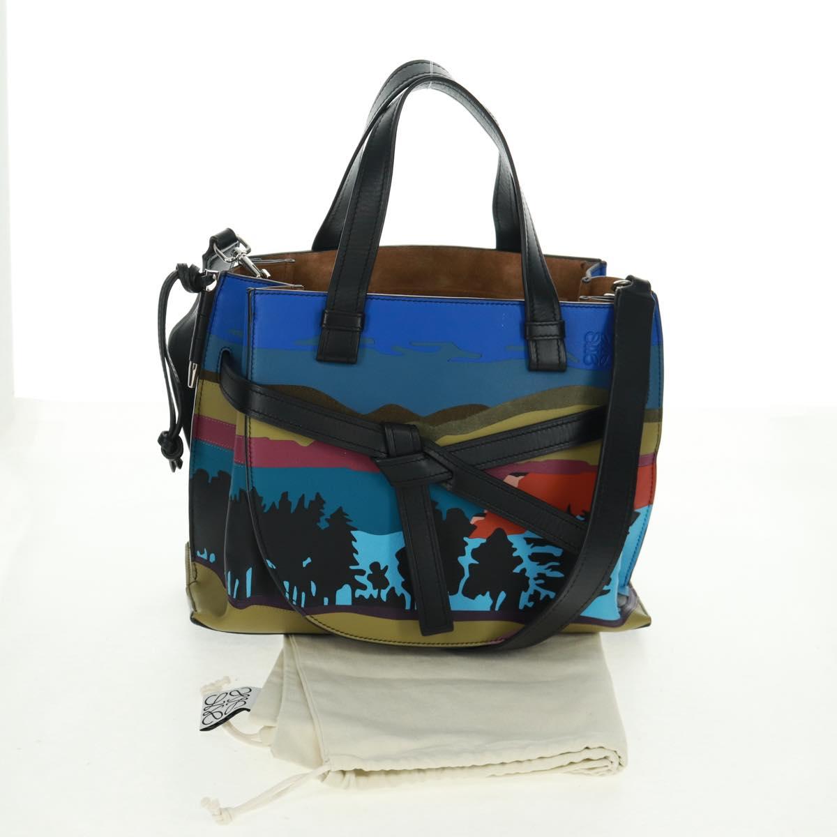 LOEWE Anagram Amazona 75 Hand Bag Leather 2way Blue Silver Auth 149898SM